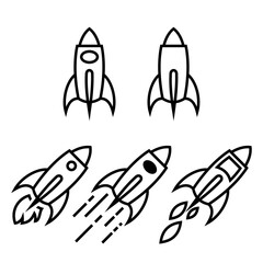 Minimal Rocket Icon Set – Upright and Diagonal Spacecraft Designs including upright and angled designs, showcasing simple, modern line art styles for digital and print use.