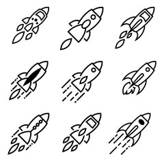 Tilted Rocket Icons – Dynamic Line Art Spacecraft Set illustrations in various tilted and dynamic flight poses, ideal for space-themed apps, games, or branding elements.