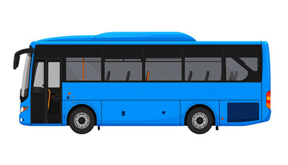 A modern blue coach bus with large windows and a front entry door, viewed from the side.