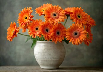 Vibrant orange gerbera daisies in a rustic cream vase