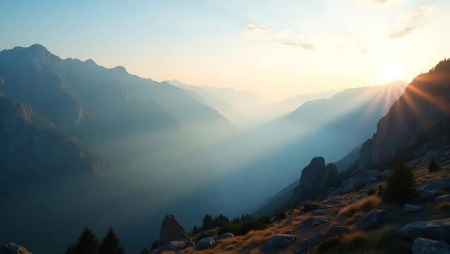 Breathtaking mountain landscape at sunrise golden light over stunning valley scenic view
