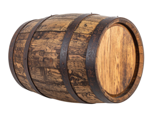 A wooden barrel with metal bands, used for storing and aging liquids like wine or whiskey.