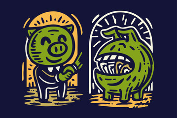 Whimsical Pig Character Illustration with Playful Monster Art