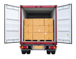 A shipping container filled with neatly stacked cardboard boxes.