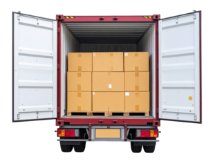 A shipping container filled with neatly stacked cardboard boxes.