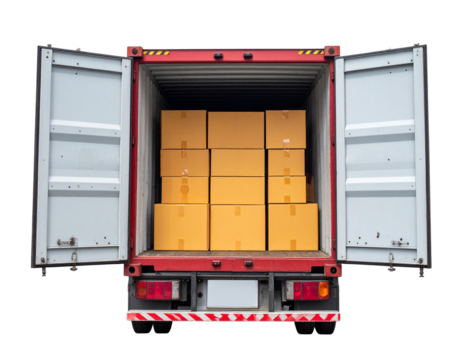 A truck loaded with multiple cardboard boxes neatly stacked inside the cargo area.