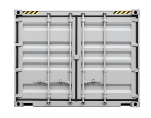 A sturdy, metal shipping container door with secure locking bars and industrial hinges.