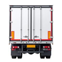 Large delivery truck seen from the rear with closed double doors and reflective markings.