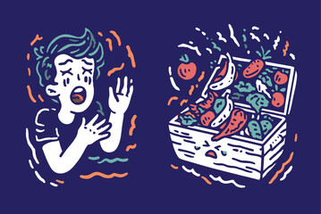 Colorful Illustration of Boy Reacting to Surprise Box of Fruits