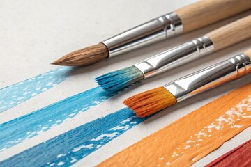 Obraz premium Three Paintbrushes on Watercolor Paper with Colorful Stripes