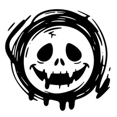 Smiling skull in black ink splatter circle. Halloween vector illustration.