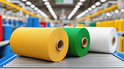 Vibrant roll of colored fabric showcasing textiles used in manufacturing and creative projects in a factory
