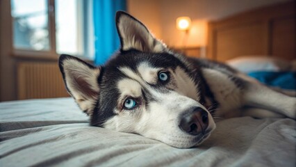 husky dog, close-up portrait, lying on bed, cozy indoor setting, warm lighting, soft focus, detailed fur, expressive eyes, natural composition, dog, husky, animal, pet, siberian, portrait, white, cani