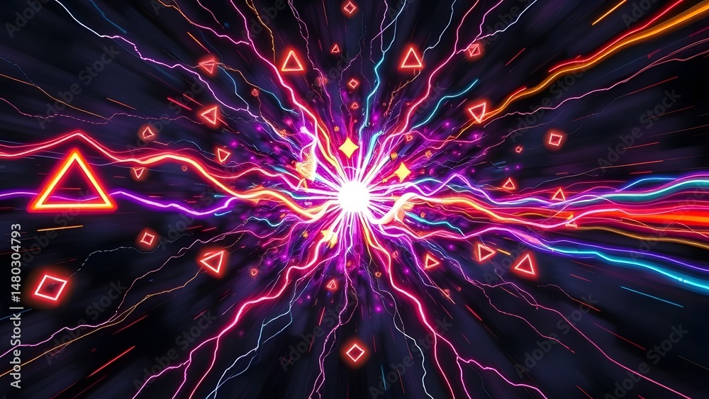 Poster fireworks on a black background | abstract neon light explosion with triangles and squares creating 