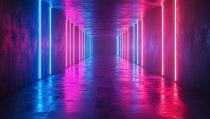 Neon lights in a tunnel with dark floor