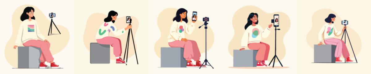 Cartoon Young Woman Content Creator Sitting and Recording Video with Smartphone on Tripod – Female Vlogger Concept for Social Media, YouTube, and Influencer Lifestyle