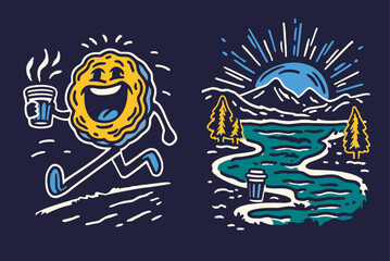 Obraz premium Cheerful Biscuit with Coffee and Scenic Mountain River Illustration