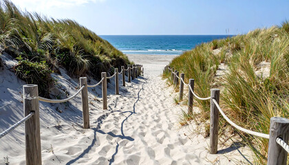 Coastal serenity Path to the sea framed by dunes and rustic wooden posts. Evokes tranquility, escape, and seaside adventures. Perfect for travel, leisure, or lifestyle.
