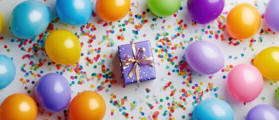 Overhead studio shot of purple gift box surrounded by colorful balloons and confetti on white backdrop for birthday celebration
