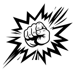 A clenched fist surrounded by a black and white comic book style burst.