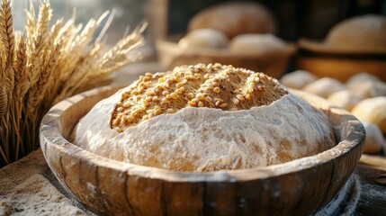 Freshly baked artisan sourdough loaf in wooden bowl