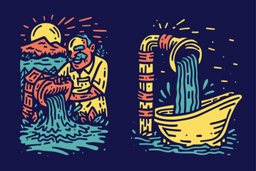 Detailed Illustration of Water Flow and Manual Labor in Vibrant Colors