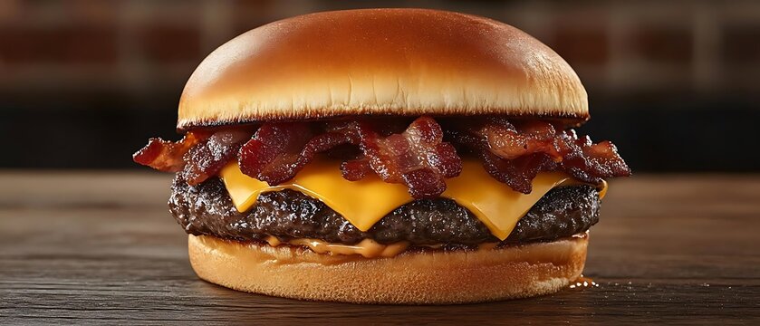 Juicy bacon cheeseburger on wood