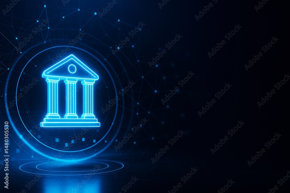 Poster glowing digital bank icon with pillars and triangle roof on futuristic abstract background with circ