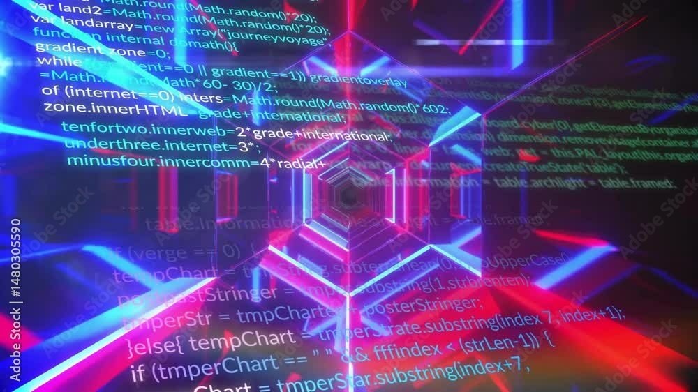 Poster Glowing neon hexagonal tunnel drifting into void, featuring floating JavaScript code overlays