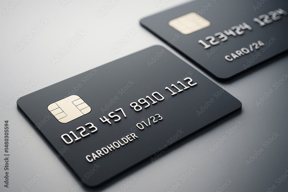 Poster Close-up of two modern black credit cards with metallic chip and embossed numbers placed on a smooth gradient light background surface.