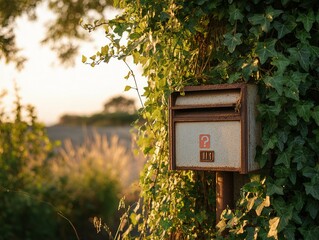Rustic mailbox nestled among overgrown foliage at sunset.