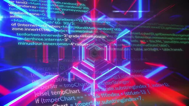 Glowing neon hexagonal tunnel drifting into void, featuring floating JavaScript code overlays