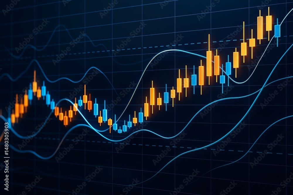 Aufkleber colorful candlestick chart with glowing trend lines on dark background showing financial growth conc