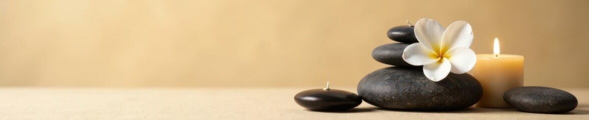 Fototapeta premium Serene zen stones, candle, white flower Beige background Wellness, spa , white, massage