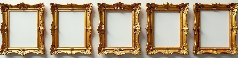 Set of ornate golden picture frames, various sizes and styles, royal, gold