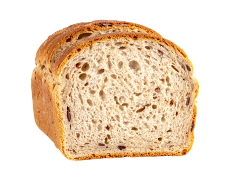 A loaf of multigrain bread featuring a hearty, airy crumb and visible seeds throughout the slice.