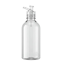 Clear bottle, with pump-style dispenser, atop a black background, sleek and modern design