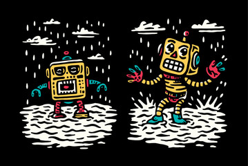 Colorful Robot Illustration with Rainy Background and Playful Design