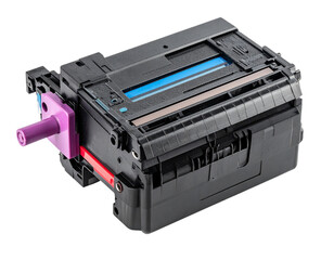 Black toner cartridge with a purple handle and blue strip, designed for use in laser printers.