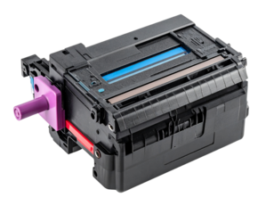 Black toner cartridge with a purple handle and blue strip, designed for use in laser printers.
