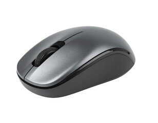 Sleek silver wireless computer mouse with a scroll wheel and ergonomic design.