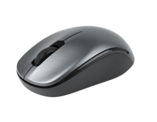Sleek silver wireless computer mouse with a scroll wheel and ergonomic design.