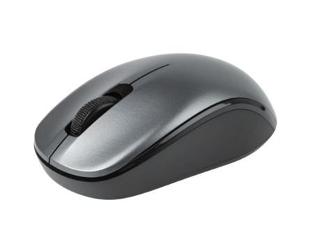 Sleek silver wireless computer mouse with a scroll wheel and ergonomic design.