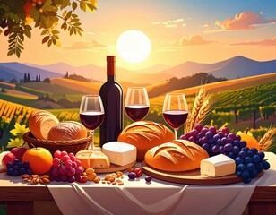 Guests gather to enjoy food, wine, and laughter as the sun sets on a warm summer day.