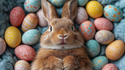 A fluffy brown rabbit surrounded by colorful, decorated Easter eggs