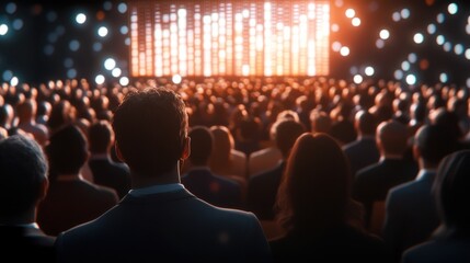 Audience Watching Presentation with Bright Display on Stage