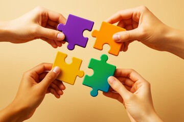 Four hands holding colorful puzzle pieces symbolizing teamwork and collaboration on a light abstract background in business concept setting.
