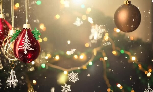 Christmas Background with Snow and Christmas Decorations Hanging