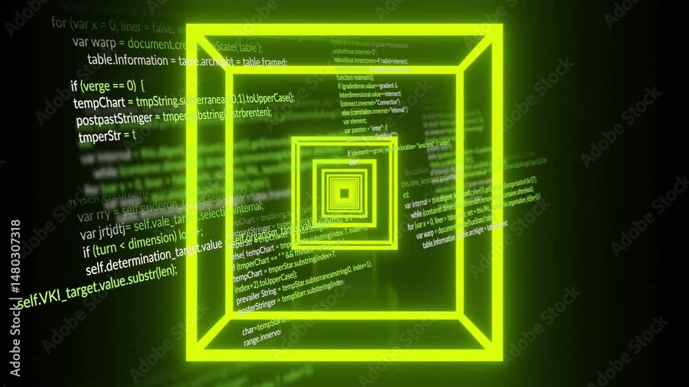 Poster neon green concentric square tunnel rotating in 3d space, with angled code lines and neon bars