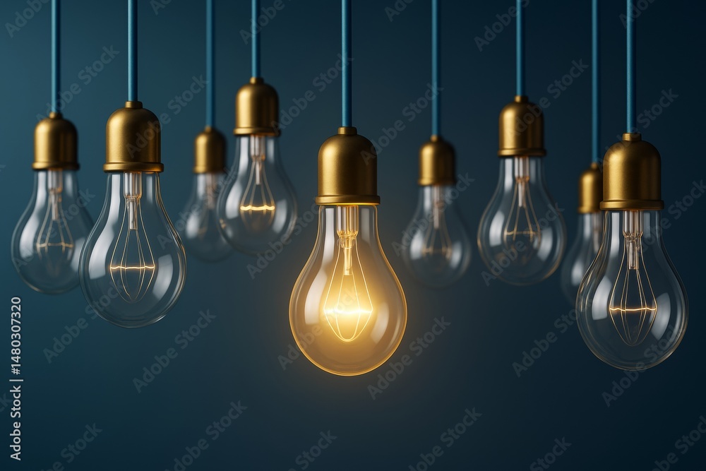 Poster multiple hanging light bulbs with one illuminated on dark blue background symbolizing creative busin
